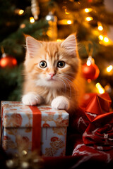  a cat under the Christmas tree playing with the Christmas boxes and gifts