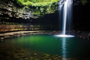 a tranquil waterfall cascading into a clear pool of water