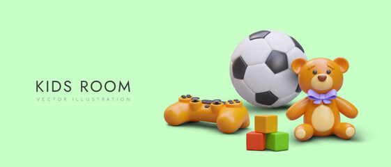 Poster with 3d realistic ball for football game, game pad, educational game with cubes and teddy bear. Kids room concept. Vector illustration with place for text and green background