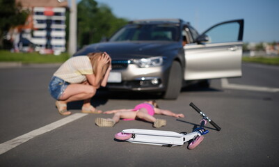 Portrait of girl with scooter hit on road by car, eyewitness worry for child, road accident. Automobile driver hit child. Accident, violation concept © H_Ko