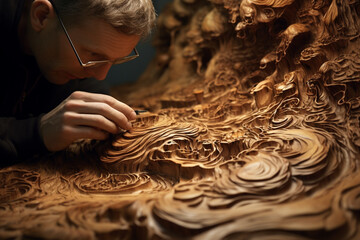 man joyfully carved intricate designs into a piece of wood.