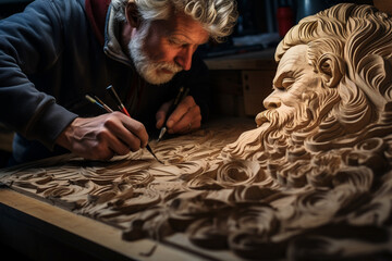 man joyfully carved intricate designs into a piece of wood. - obrazy, fototapety, plakaty