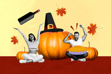 Creative collage picture of two mini excited black white colors people raise fists arms catch big wine bottle pumpkin hat flying leaves - Powered by Adobe