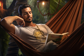 man relaxed in a hammock, reading a science fiction novel.