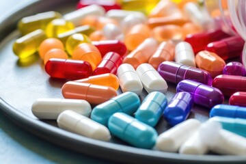 handful of colorful probiotic pills on a clinical tray - obrazy, fototapety, plakaty