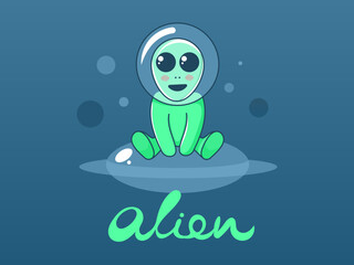 Cute vector character. An alien sits on a flying saucer in space. Flat illustration