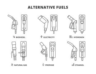Alternative Fuels vector icons in line design. Biodiesel, Electricity, Hydrogen, Natural Gas, Propane, Ethanol, gas station, Gasoline Pistol vector icons in line design blue.