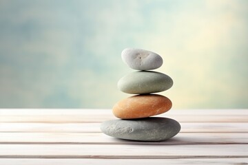 stack of meditation stones on a light wooden table