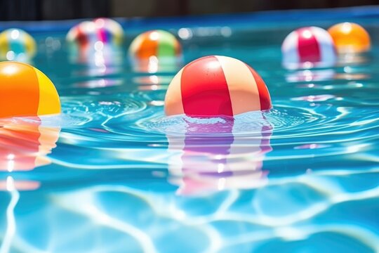 close-up of colorful pool floats in water