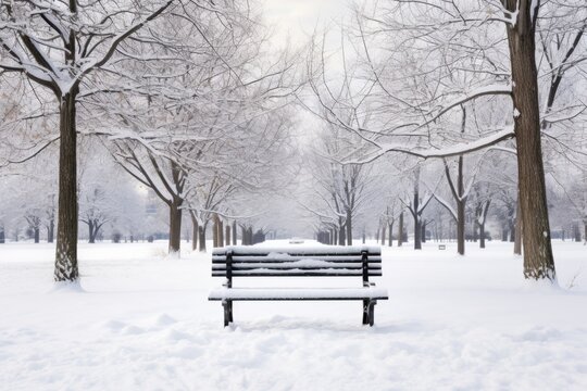 snowy bench in a park with no one sitting