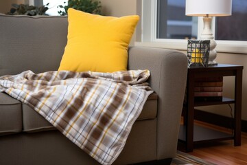 a duvet on a couch beside a radiant heat panel