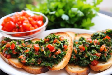 close-up on cut parsley paired with sliced bruschetta on a plate