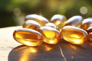 several vitamin d capsules on a natural sunlight background - obrazy, fototapety, plakaty