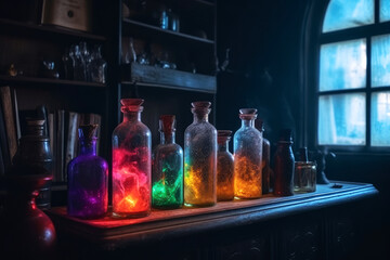 Magic alchemical colorful bottles, AI generated - obrazy, fototapety, plakaty