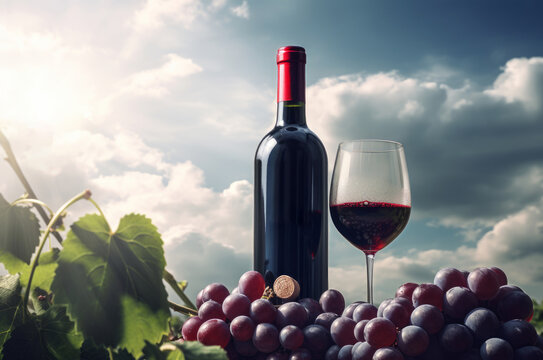 red wine bottle with grape, AI generated