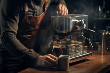 man With precision, he brewed a delicious cup of coffee using his espresso machine. - obrazy, fototapety, plakaty