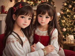 "Capturing the Magic of Christmas: A Modern Mary Cassatt Inspired Scene. Amidst a Cozy Living Room, Adorned with Holiday Splendor, a Young Girl's Heart Glows with Wonder as She Sits by the Tree, Bathe