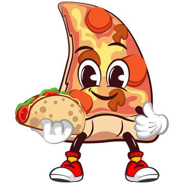 Cute slice of pizza character with funny face mascot with taco while giving thumbs up, isolated cartoon vector illustration. Cute slice of pizza mascot, emoticon