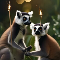 Obraz premium A curious group of lemurs with sparklers, creating a mesmerizing light show in the jungle1