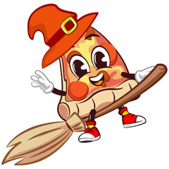 Cute slice of pizza character with cute face mascot of witch in hat riding broomstick, isolated cartoon vector illustration. Cute slice of pizza mascot, emoticon