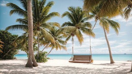 Relaxing beach vacation with tranquil sky, palm trees, and turquoise water.