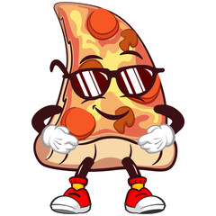 Cute slice of pizza character with funny face mascot  stand up wearing sunglasses, cartoon vector illustration isolated. Funny slice of pizza mascot, emoticon