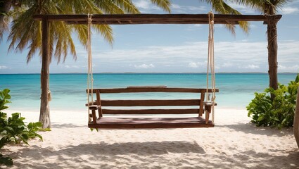Relaxing beach vacation with tranquil sky, palm trees, and turquoise water.