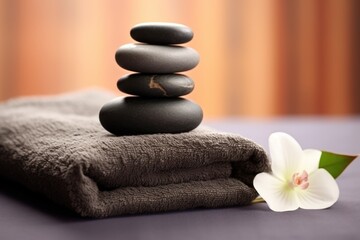 Fototapeta na wymiar massage stones stacked on a towel