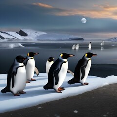A parade of penguins wearing tuxedos and bowties while sliding on icy slopes under the moonlight4