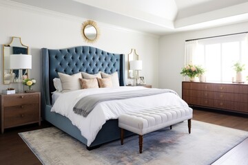 a master bedroom with a walk-in closet and velvet tufted headboard