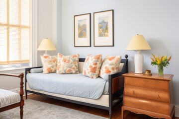 a guest room with a daybed, a lamp, and a bedside table