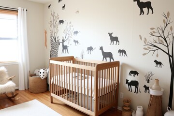 a neutral-colored nursery with wooden crib and animal wall decals - obrazy, fototapety, plakaty
