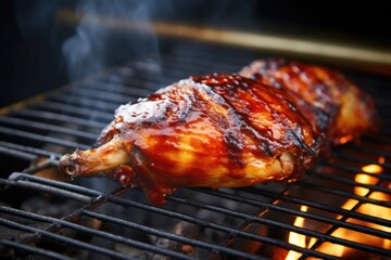 chicken with bright chili glaze grilling on a barbecue