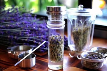 lavender tea steeping in glass tea infuser