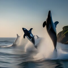 A pod of orcas gracefully leaping through the waves, creating a watery display of celebration5 - obrazy, fototapety, plakaty