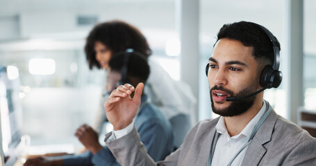 Happy businessman, call center and customer service in telemarketing, communication or support at...