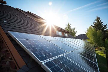 solar panels on a house roof reflecting sun rays - obrazy, fototapety, plakaty