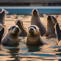 A family of sea lions having a synchronized swimming performance under the New Years Eve stars4 - obrazy, fototapety, plakaty