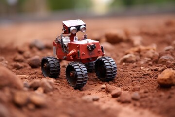 small mars rover model on a reddish soil mimicking mars