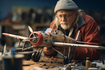 man He build a model airplane. - obrazy, fototapety, plakaty