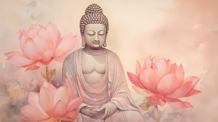 pink lotus and buddha watercolor ink