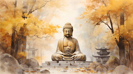 buddha statue at sunset in painting