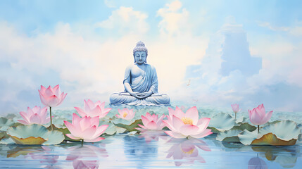 buddha statue in the lotus pond painting - obrazy, fototapety, plakaty
