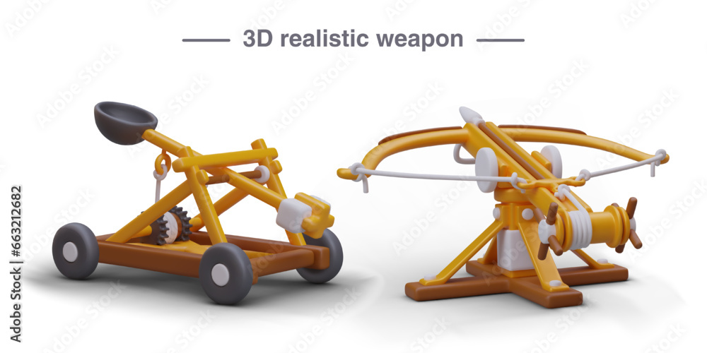 Aufkleber large land based ancient weapon. catapult on wheels and rotating crossbow. military mechanism for hi