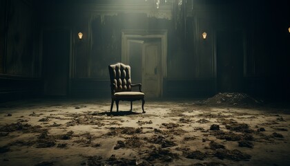 empty room with a single chair in the center. The chair is covered in dust and cobwebs - obrazy, fototapety, plakaty