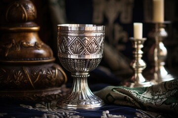 Fototapeta na wymiar an ornate silver chalice and paten on an altar