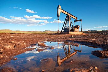 Close up and low angle view of oil pump foreground reflective of puddles and stones in background of beautiful sky.