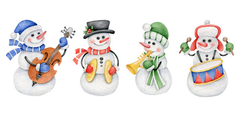 Snowmen with musical instruments.Orchestra.Music festival.Merry Christmas 