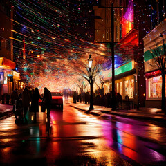 Festive City Lights: Urban streets adorned with colorful lights, reflecting the joy of a new year's...