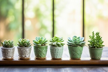 a row of succulents on a gleaming wooden table